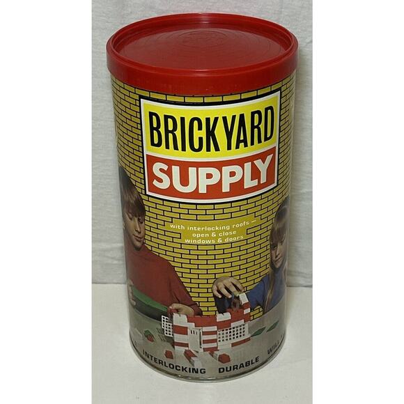 Vtg 1973 Brickyard Supply Building Block Toy Set In Can Full Set - Picture 1 of 3